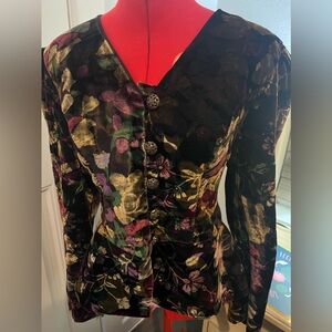 David Rose Women's Vintage 1980s Velvet Deep purple Full Button V Neck Top